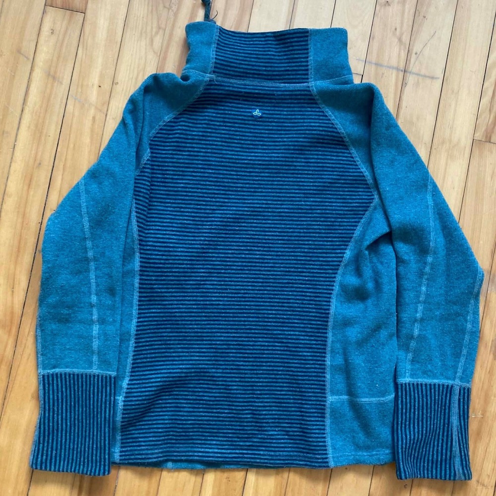 Prana Striped Funnel Neck Wool Lucia Pullover Sweater Women Medium Teal Blue - Picture 2 of 12